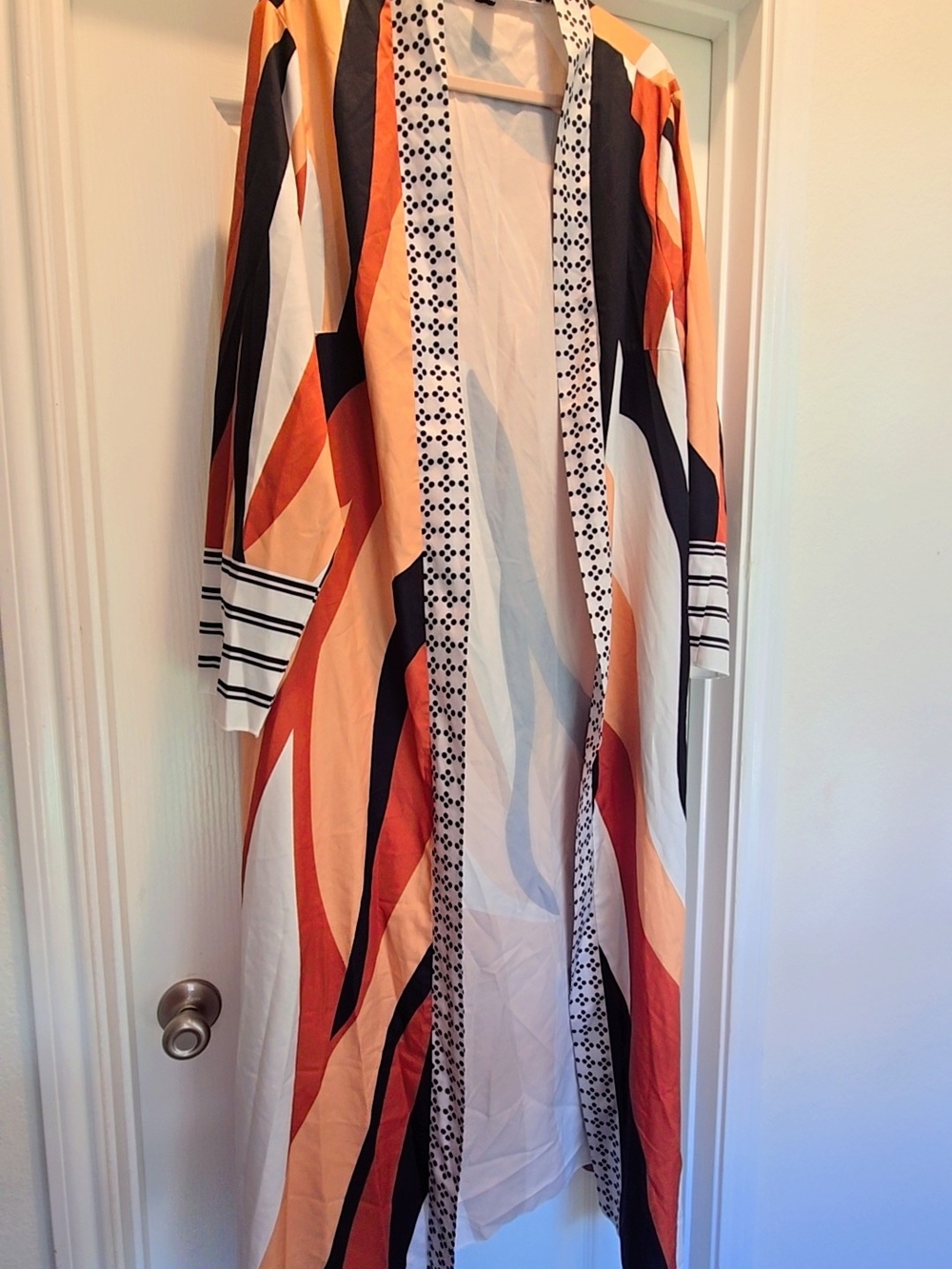 SHEIN Orange, Black & White Graphic Open-Front Kaftan Jacket Coverup Duster